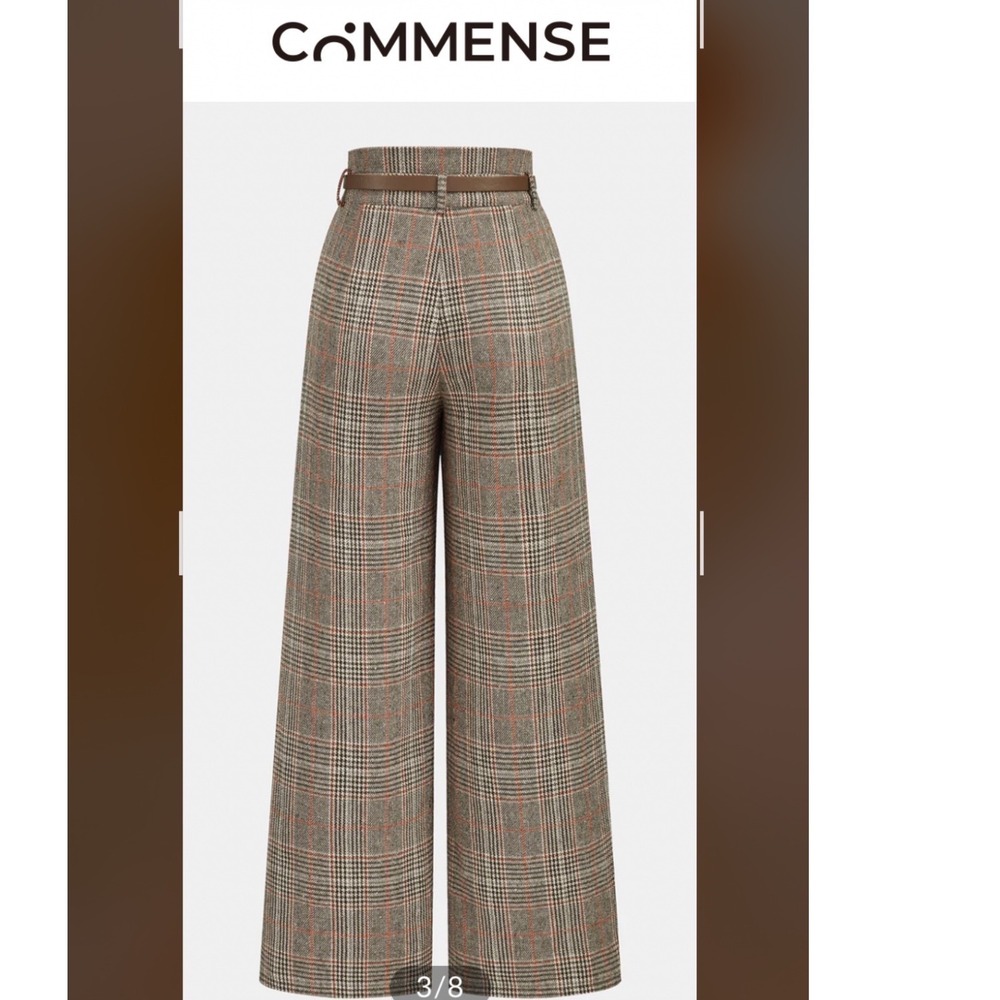 Commense Plaid Wide Leg Trousers Womens XS Brown High Rise Pleated C23WPA012